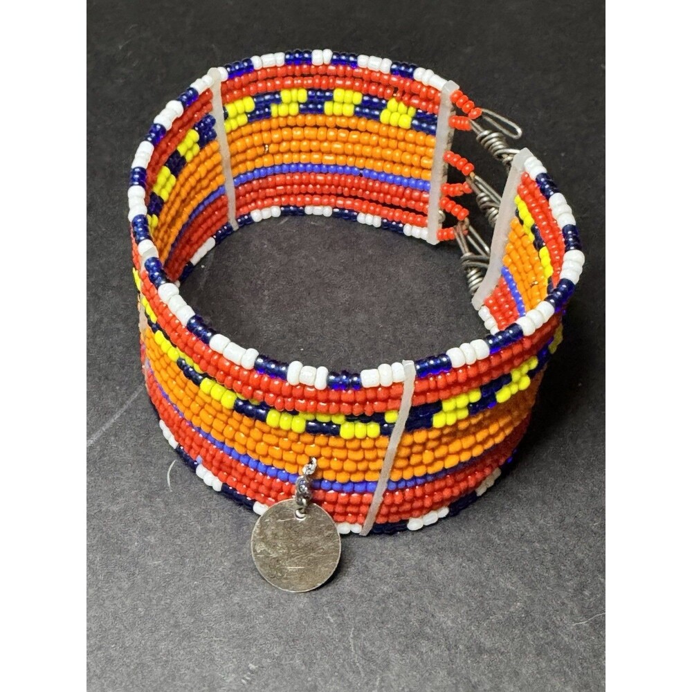 Maasai Beaded Cuff Bracelet Kenya Multicolor Seed Bead Disc Charms Handmade